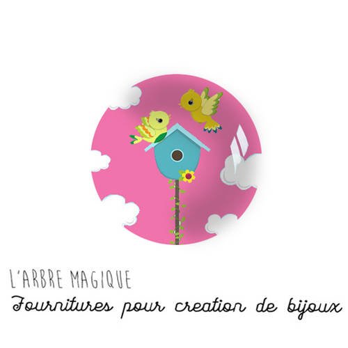 Oiseau piaf canari jaune rose bleu nid  2 cabochons fantaisie en verre 