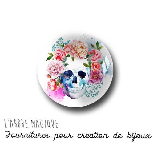 Cabochon fantaisie 25 mm tête de mort fleuri multicouleur ref 1010 