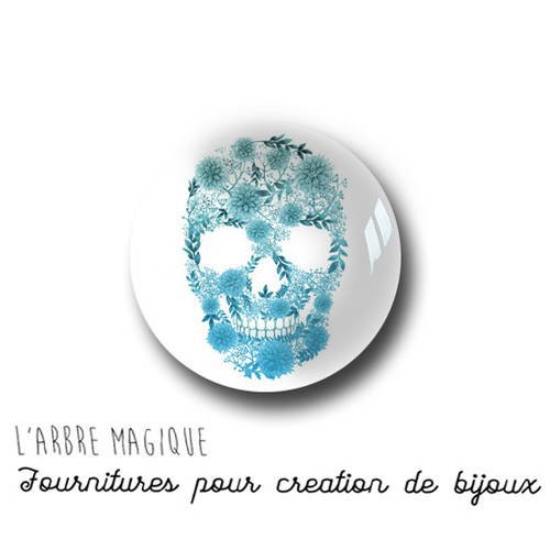 Cabochon fantaisie 25 mm tête de mort fleuri bleu ref 1005 