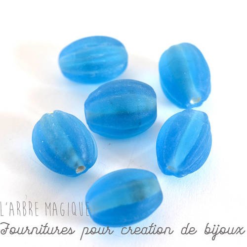 Perle verre ovale striée bleu saphir mat givrée verre indien x 1 