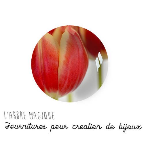 Fleur tulipe 2 cabochons à coller en verre 18 mm rouge vert et blanc 859 