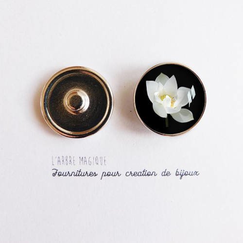 Bouton pression chunk cabochon fleur de lotus bouddha blanc noir 16 mm 