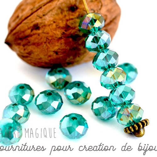 Lot perle turquoise bleu facette ovale verre transparent reflet ab vendue par lot de 10 