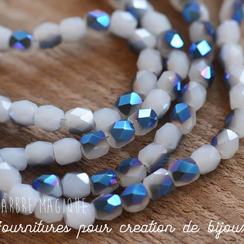 10 perles en verre reflets ab couleur semi opaque blanc bleu 6mm 