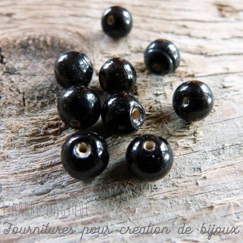 10 perles rondes en verre - indienne - couleur noir taille 7 mm 