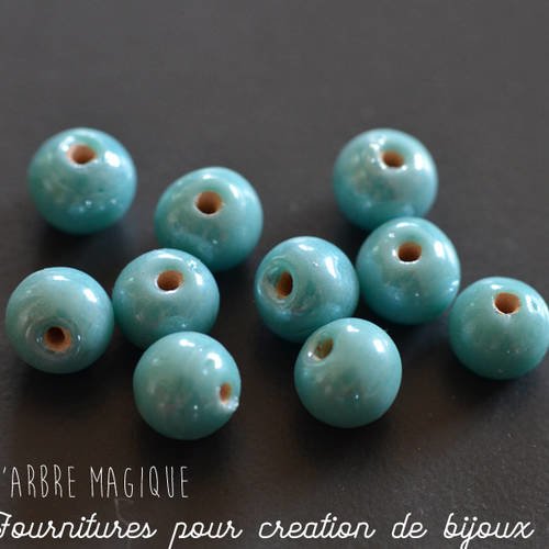10 perles rondes en verre - indienne - couleur bleu nacré taille 7 mm 