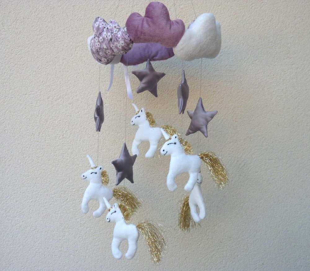 Mobile amovible décoration chambre bébé licornes étoiles nuages rose  liberty fait main l'arche de jessica - Un grand marché