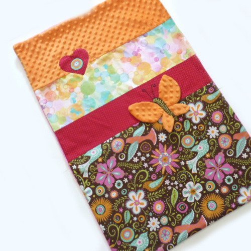 Couverture bébé poussette ou couffin, fleurs, papillons et oiseaux,orange fuchsia fait main l'arche de jessica