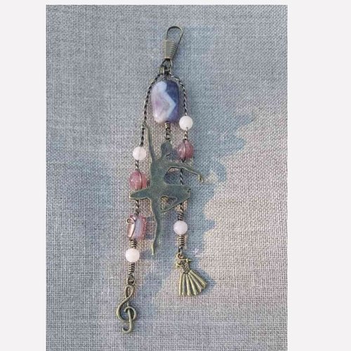 Bijou de sac bronze danseuse verre de murano quartz rose, lépidolites, clé de sol, tutu, fait main l'arche de jessica