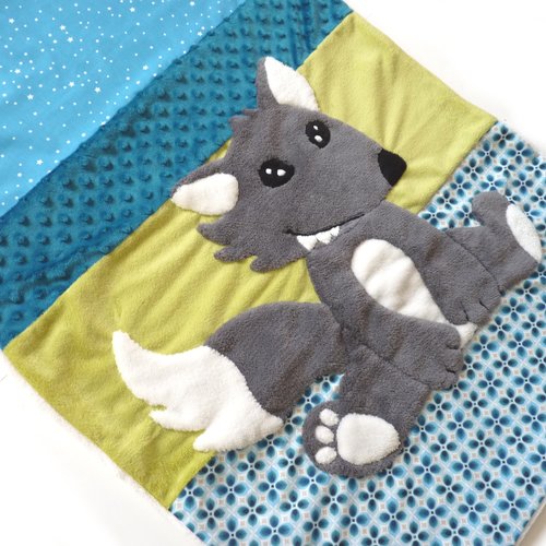 Couverture bébé garçon poussette couffin petit loup, fait main l'arche de jessica