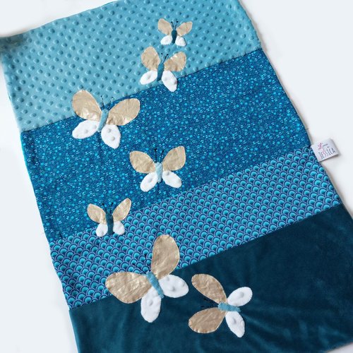 Couverture bébé couffin poussette papillon fleurs bleues faite main l' arche de jessica