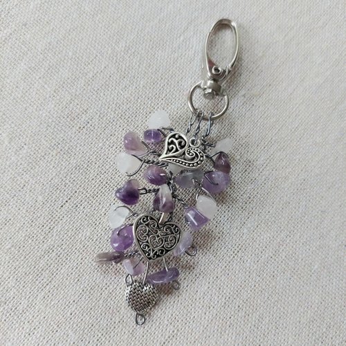 Bijou de sac 3 coeurs argentés quartz amétrines  améthystes et  féérie fait main l' arche de jessica