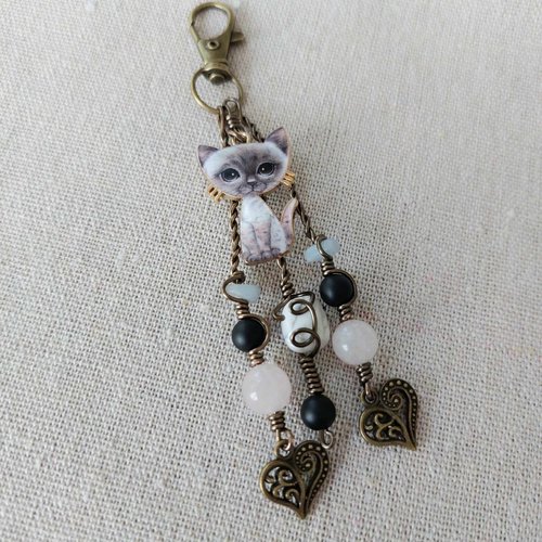 Bijou de sac chat kawaii pierres naturelles fait main l' arche de jessica