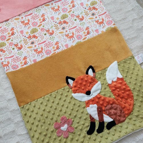 Couverture couffin poussette bébé renard arbres et fleurs corail faite main l' arche de jessica