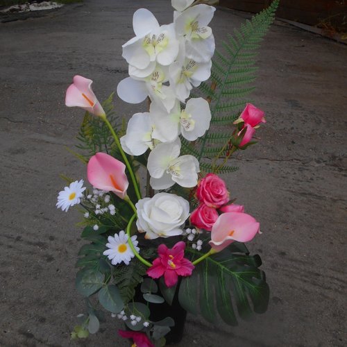 Composition de fleurs artificielles pour cimetière - rose et blanche - Un  grand marché