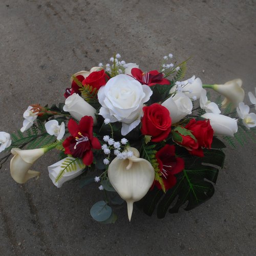 Composition de fleurs artificielles pour cimetière rouge et blanche - Un  grand marché