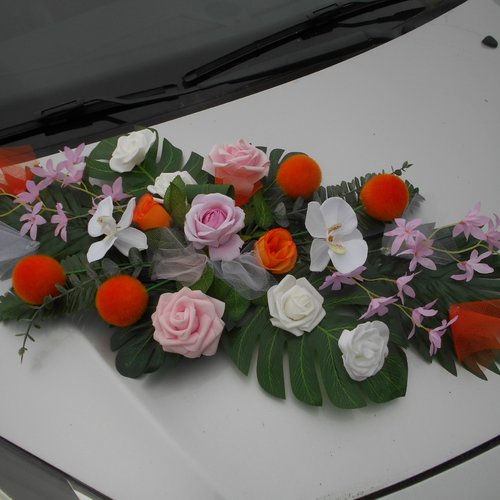 Décoration de voiture pour mariage - rose pâle et orange - fleurs artificielles