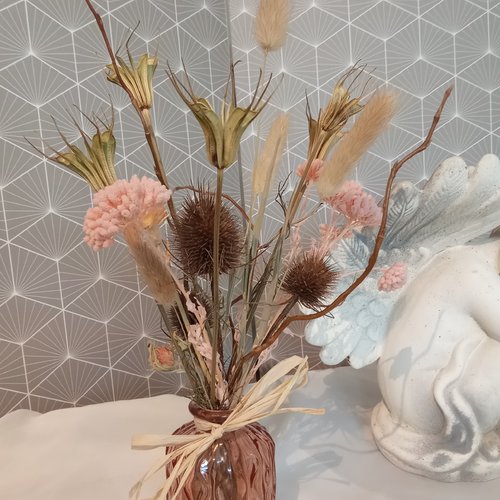 Bouquet de fleurs séchées saumon - avec son vase