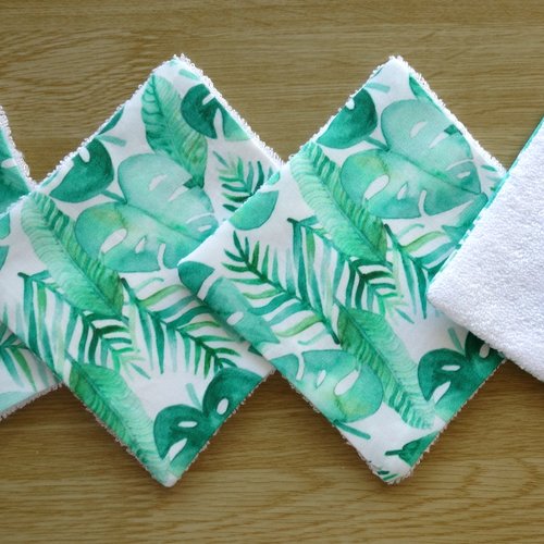 Lingettes démaquillantes lavables en coton et éponge de bambou / vendue à l'unité / femme ou bébé / feuilles tropicales