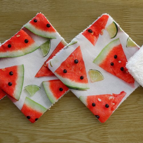 Lingettes démaquillantes lavables en coton et éponge de bambou / vendue à l'unité / femme ou bébé / fruits pastèques