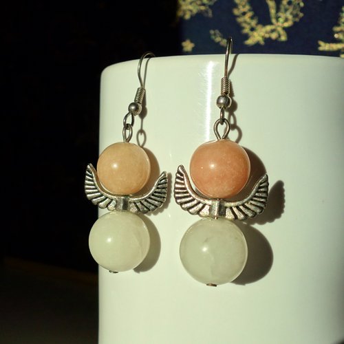 Boucle d'oreilles ange rose et blanc, perles en pierre taillée, boucle d'oreilles en acier inoxydable