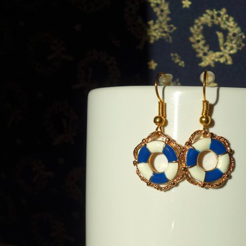 Boucle d'oreilles bouée de sauvetage marine bleue et blanche, boucle d'oreilles en acier inoxydable