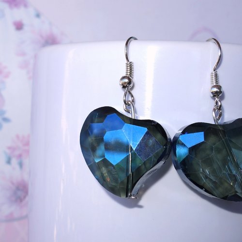 Boucle d'oreilles coeur à facettes bleues, boucle d'oreilles en acier inoxydable
