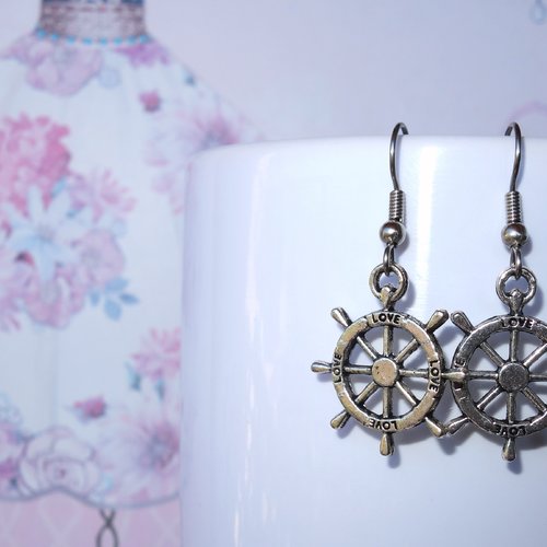 Boucle d'oreilles gouvernail de bateau, boucle d'oreilles en acier inoxydable, bo marine