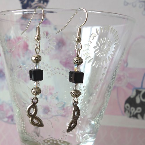 Boucle d'oreilles masque de venise, perles noire, argent et transparente, boucle d'oreilles en acier inoxydable, carnaval