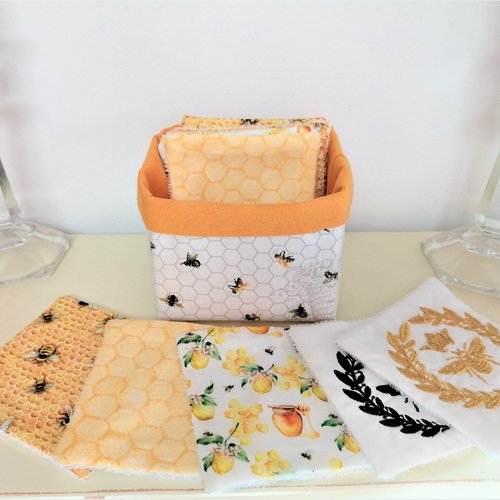 Panière + 10 lingettes "le miel et les abeilles", cotons démaquillants lavables en éponge de bambou / femme ou bébé / zéro déchet