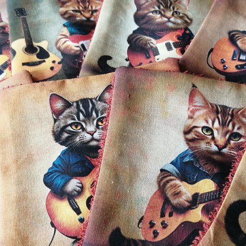 Semainier de lingettes démaquillantes lavables en coton et éponge de bambou / chat guitariste / lot de 8 / zéro déchet