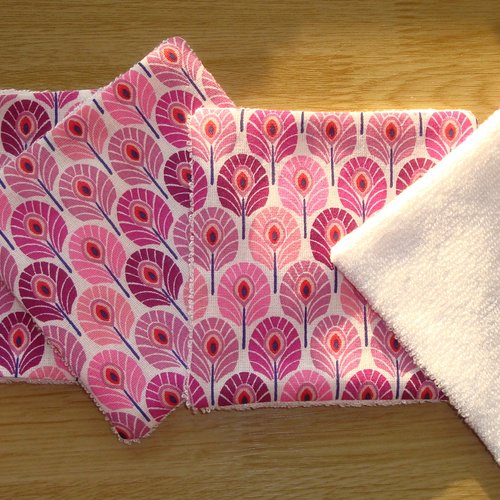 Lingettes démaquillantes lavables roses en coton et éponge de bambou / vendue à l'unité / plumes de paon / femme ou bébé