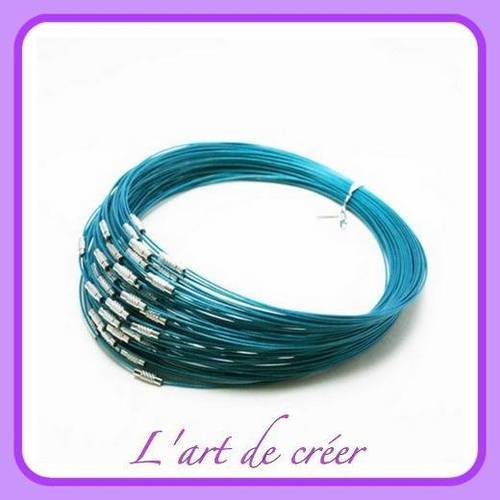 10 tour de cou cable en acier bleu turquoise enrobé 1 mm x 45 cm, fermoir à visser 