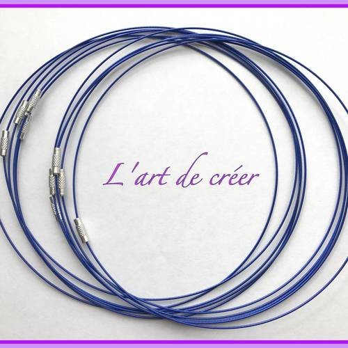 10 tour de cou cable en acier bleu indigo enrobé 1 mm x 45 cm, fermoir à visser 
