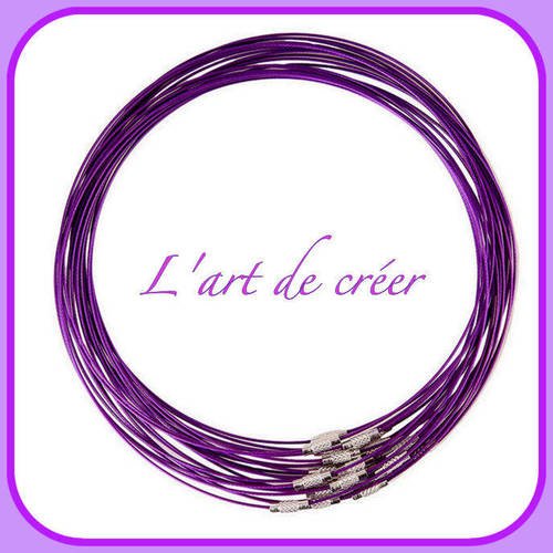 10 tour de cou cable en acier violet  enrobé 1 mm x 45 cm, fermoir à visser 