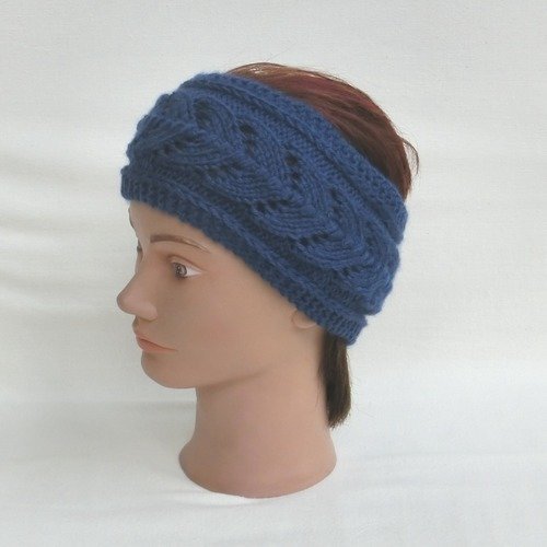 Bandeau de cheveux, headband, serre tête, cache oreilles, femme, en laine bleu, tricot mode automne hiver, tricoté main, cadeau