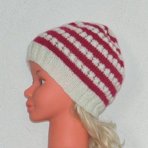 Bonnet marin à rayures enfant fille, taille 2 / 3 ans, tricoté main, en laine fuchsia/écru, accessoire de mode, automne, hiver