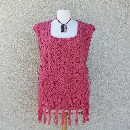 Poncho, tunique, sur pull à franges, femme, taille 38/40, tricot, laine rose/framboise, tricoté main, vêtement mode printemps été