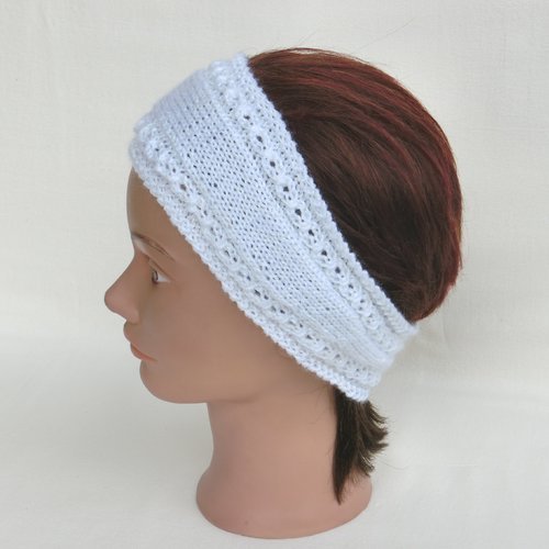 Bandeau femme en laine blanc et fil irisé, tricoté main, point à torsade, headband, accessoire de cheveux, cadeau mariage