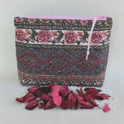 Pochette zippée à maquillage,trousse en tissu fleur motif provençal, rangement accessoire de toilette, cadeau fête noël