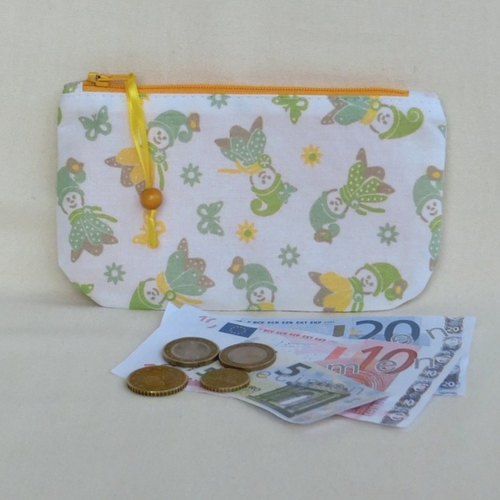 Porte monnaie zippé pour enfant en tissu coton imprimé lutins