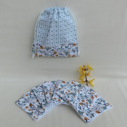 Pochon de rangement et 7 lingettes lavables zéro déchet oeko tex 11 cm x 11 cm, éponge bambou et tissu coton canard, bébé ou enfant