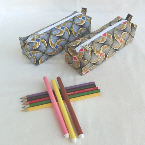Trousse rectangle zippée à crayons, tissu géométrique wax
