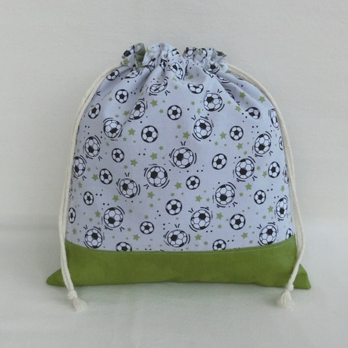 Pochon rangement accessoire bébé ou enfant, tissu ballon de football, sac à linge / chaussons / petit jouet, sac pour la crèche