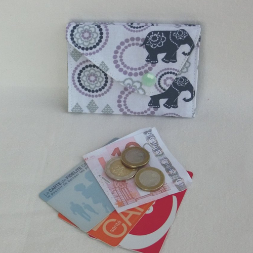 Porte monnaie / porte carte de fidélité 2 poches + 1 compartiment central, pochette à billet / tissu éléphant et mandala, fête femme