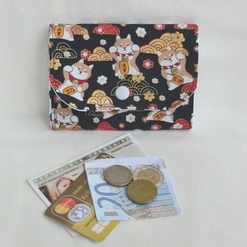 * vendu.. porte monnaie zippé à soufflets avec rangement cartes et documents, pochette tissu chat japonais, étui de sac à main, cadeau