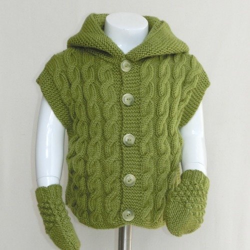 Gilet à capuche en laine, poncho, taille 2 / 3 ans, pull, sur pull sans manches, moufles, enfant, bébé, garçon, tricoté main