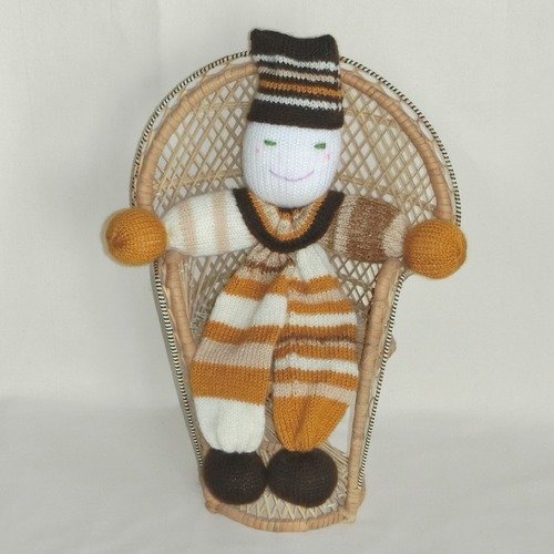 Doudou en laine, poupée clown, hauteur 42 cm, tricoté main, cadeau naissance, cadeau bébé ou enfant, fille ou garçon