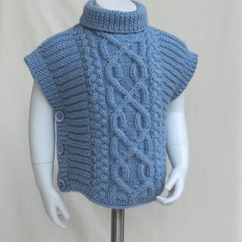 Pull poncho, tunique, taille 12/18 mois,tricot point irlandais, enfant bébé garçon, en laine bleu, tricoté main