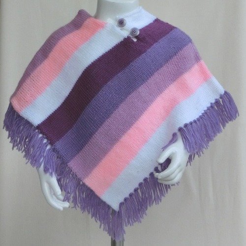 Pull poncho taille 24/36 mois, tunique à rayures, bébé enfant fille, tricoté main, en laine rose violet, vêtement d'hiver, cadeau